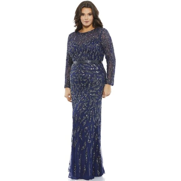 Mac Duggal Gown Dress Womens Size 14W Blue Beaded Sequin Embellished Dress $498